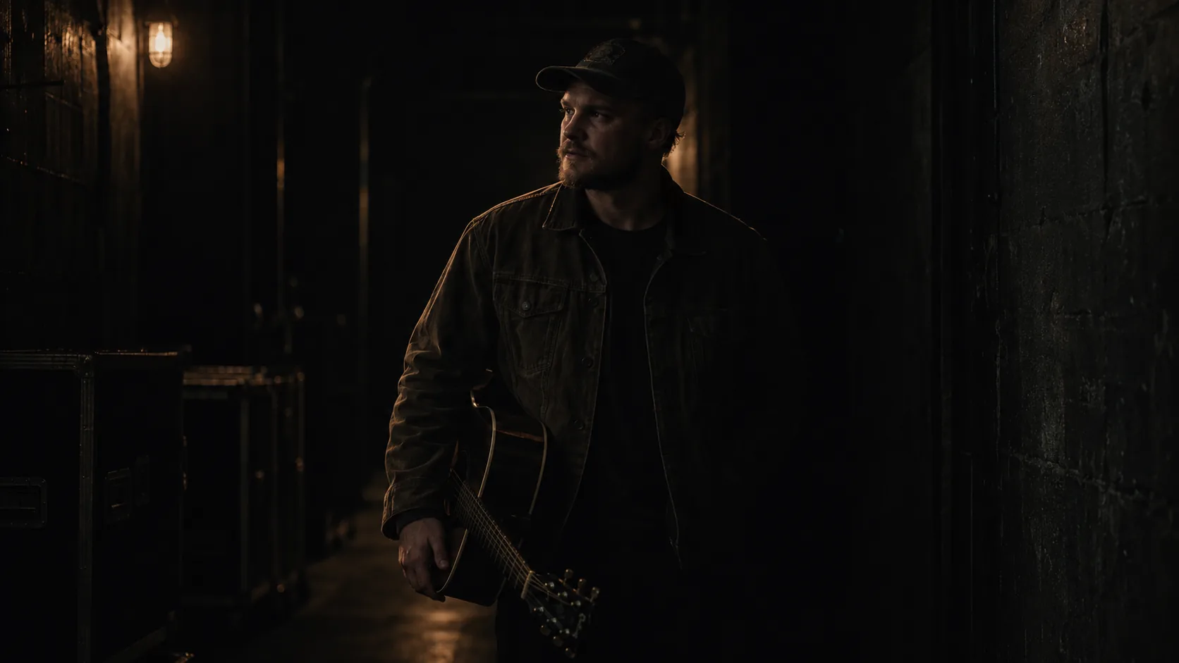 Zach Bryan waiting backstage with his guitar
