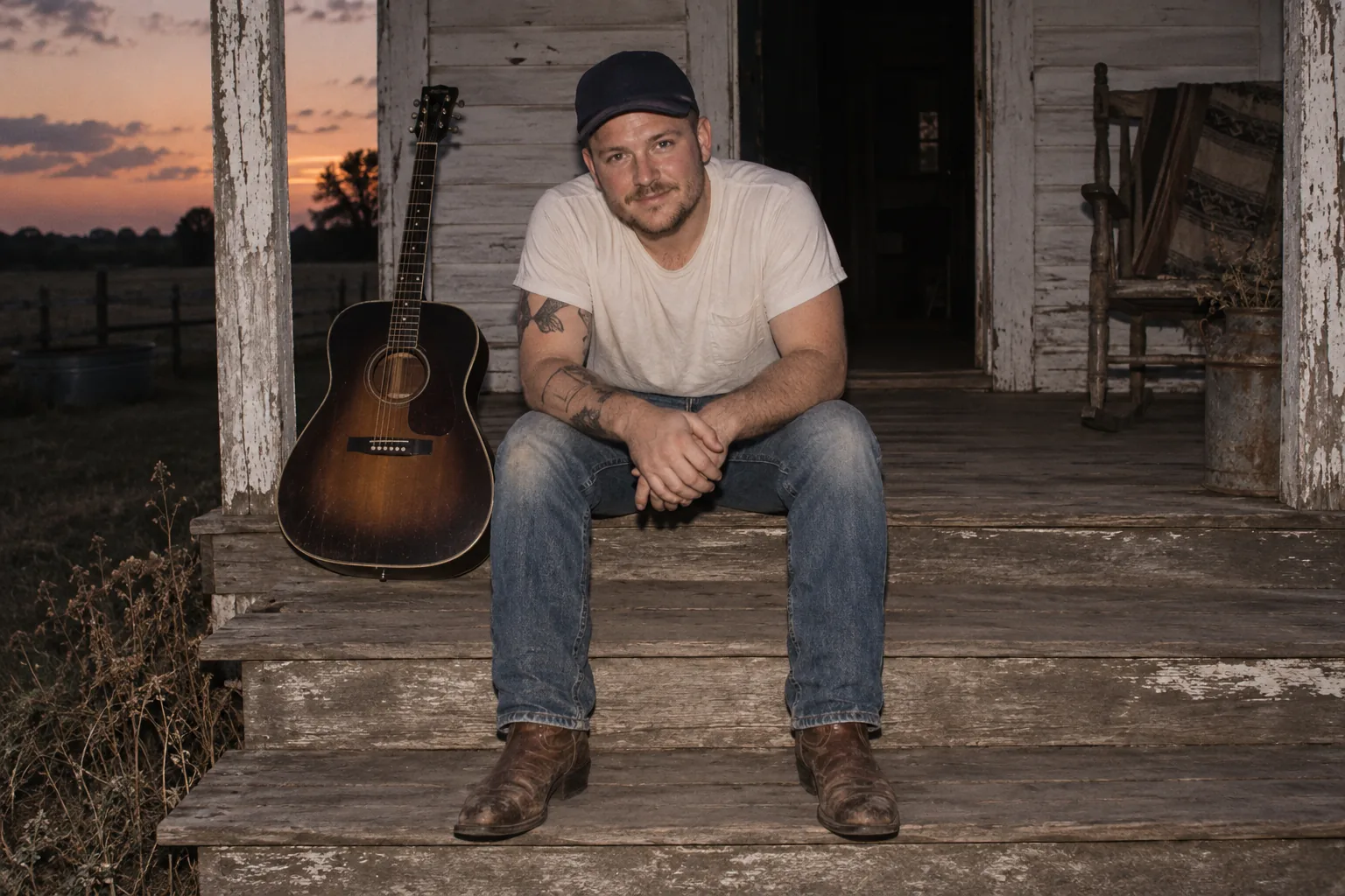 Zach Bryan sitting on a farmhouse porch