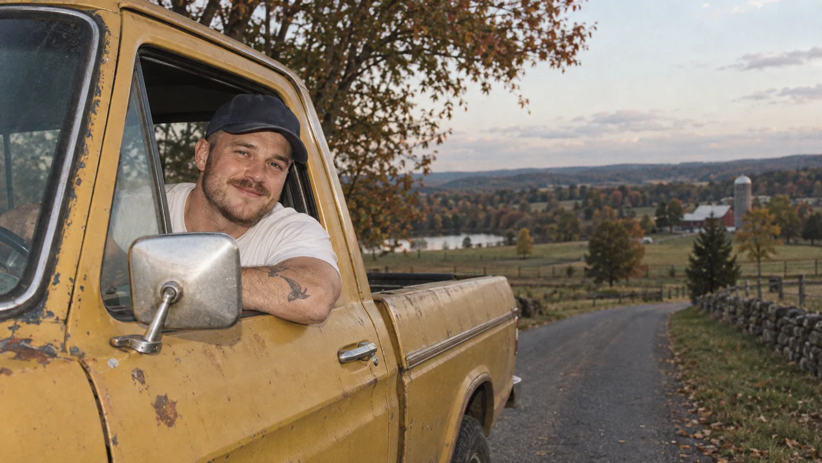 Zach Bryan leaning out of a vintage pickup