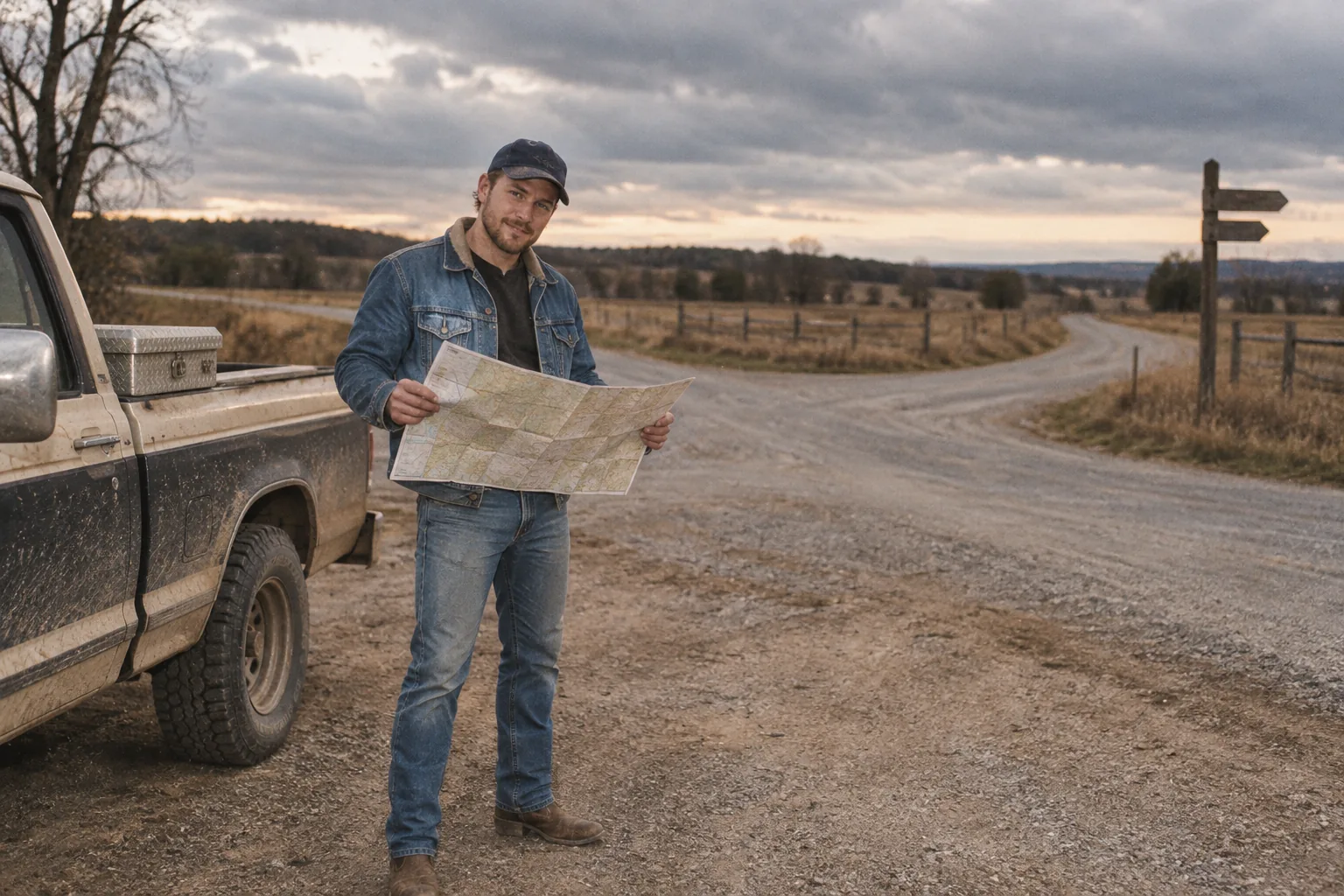 Zach Bryan checking a road map beside a country road