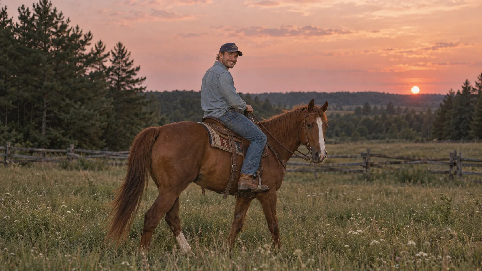 Zach Bryan riding a horse through a Delaware meadow
