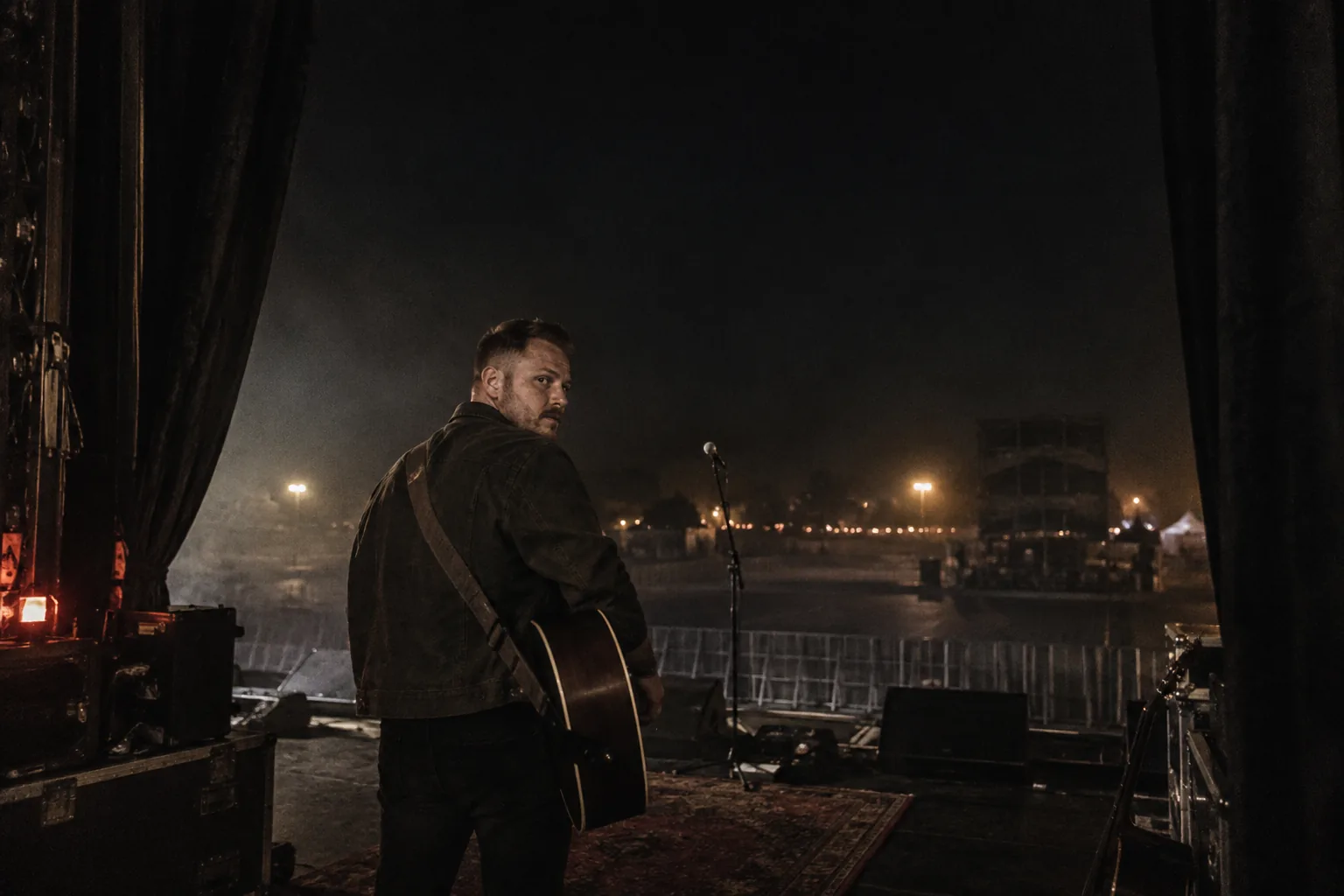 Zach Bryan waiting at the edge of a dark stage