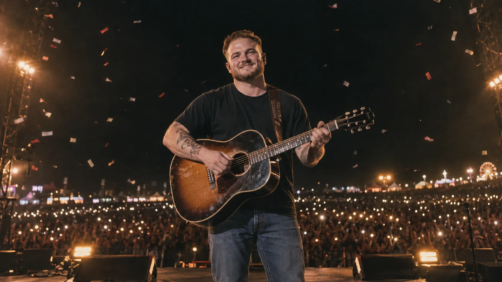 Zach Bryan performing under warm concert lights