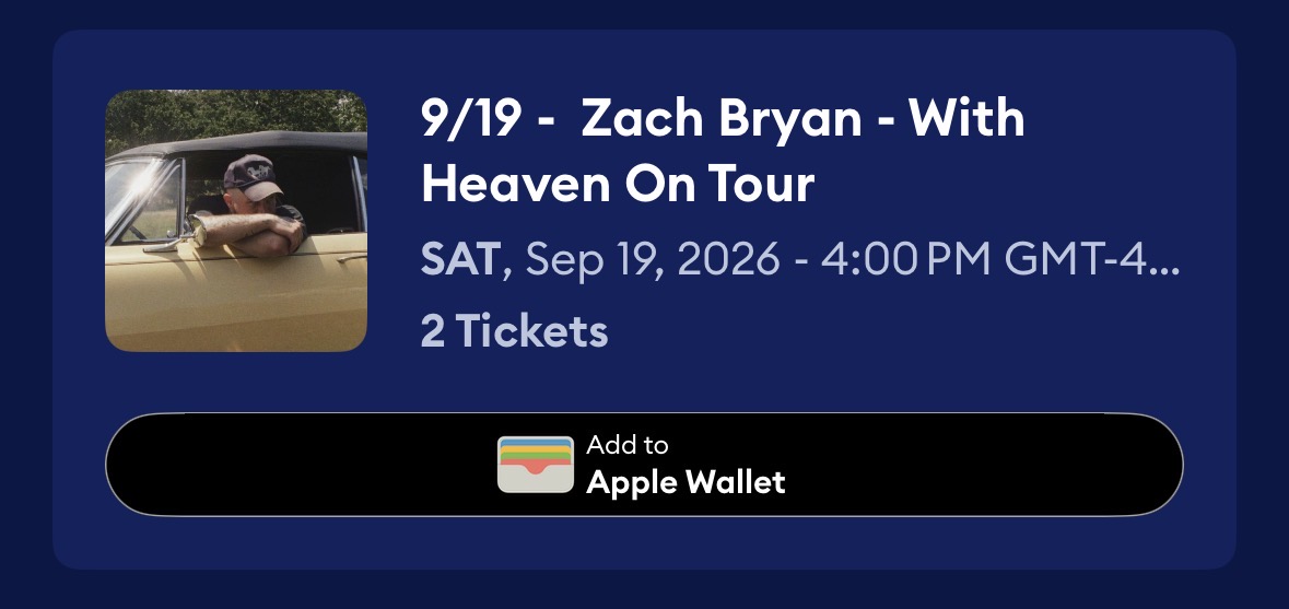 Two tickets to see Zach Bryan on September 19, 2026